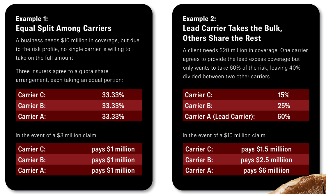 Examples of equal-split and lead-carrier quota share arrangements.